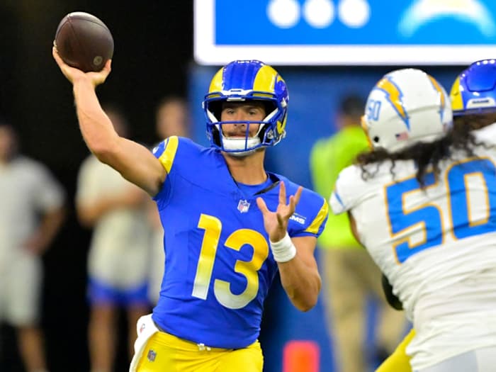 Rams QB Stetson Bennett throws a pass in a preseason game against the Los Angeles Chargers. Bennett has been placed on the non-football injury list.